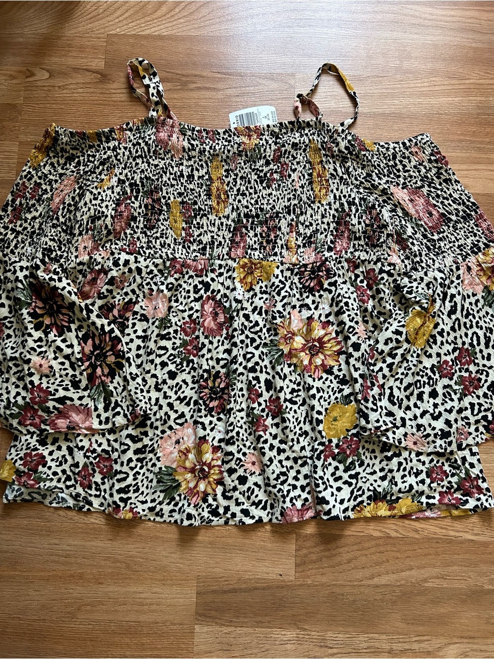 torrid Floral & Leopard Smocked Tank Top - Black, Cream, Pink, Yellow.Size 3X